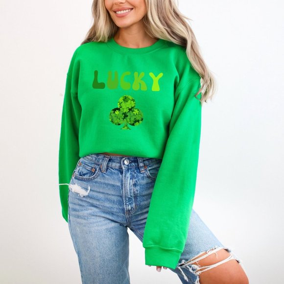 Shamrock Lucky Saint Patric's Day College Sweatshirt Green Sweater Clover - Picture 11 of 11